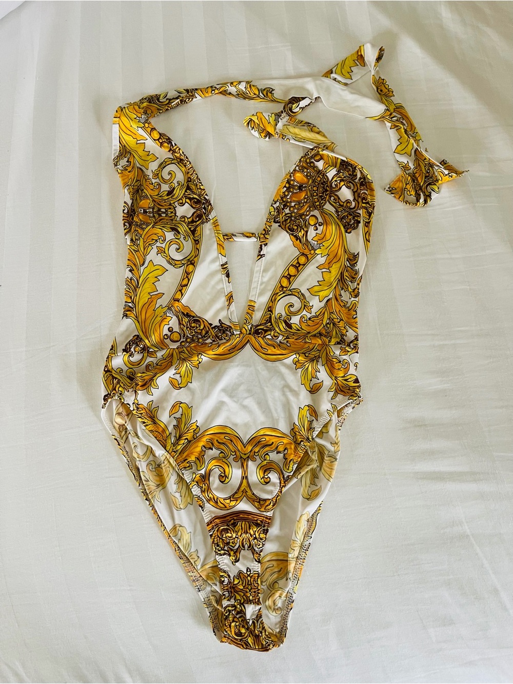 Fashion Nova White and Gold Baroque One-Piece Swimsuit